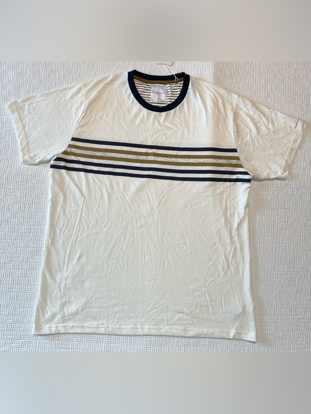Denim & Flower Cream Short Sleeve Tee with Navy & Olive Stripes